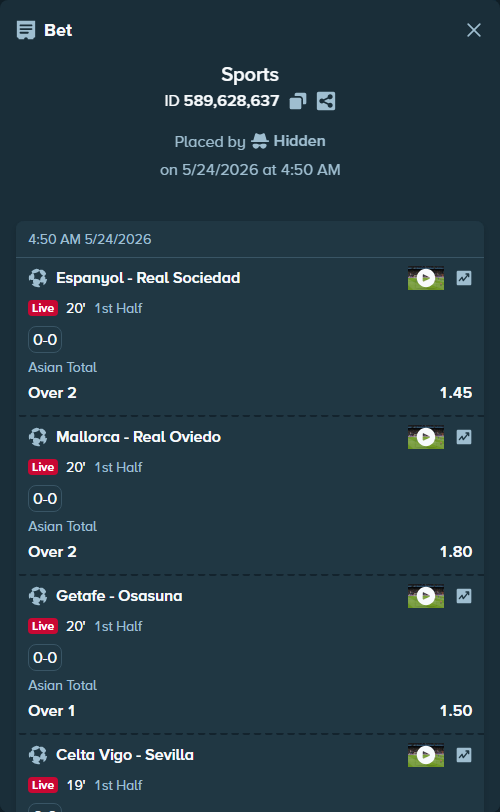 Bet slip: Espanyol - Real Sociedad San Sebastian, $120,000.00 stake at 1.45 odds, placed by Hidden