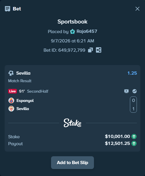 Bet slip: Espanyol - Sevilla, $10,000.00 stake at 1.25 odds, placed by Raja6457