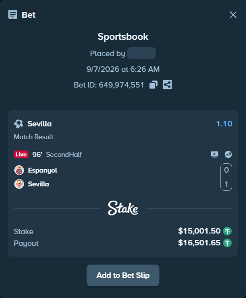 Bet slip: Espanyol - Sevilla, $15,000.00 stake at 1.10 odds, placed by petterblom