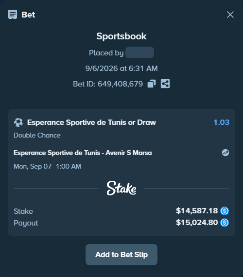Bet slip: Esperance Sportive de Tunis - Avenir S Marsa, $14,587.18 stake at 1.03 odds, placed by Arbe7