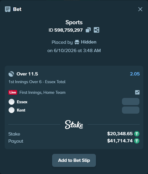 Bet slip: Essex - Kent, $20,369.00 stake at 2.05 odds, placed by Hidden
