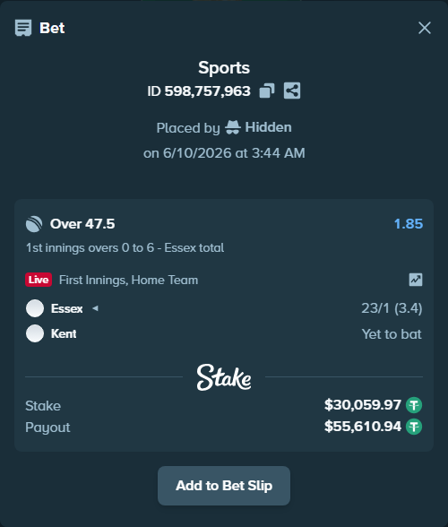 Bet slip: Essex - Kent, $30,090.03 stake at 1.85 odds, placed by Hidden