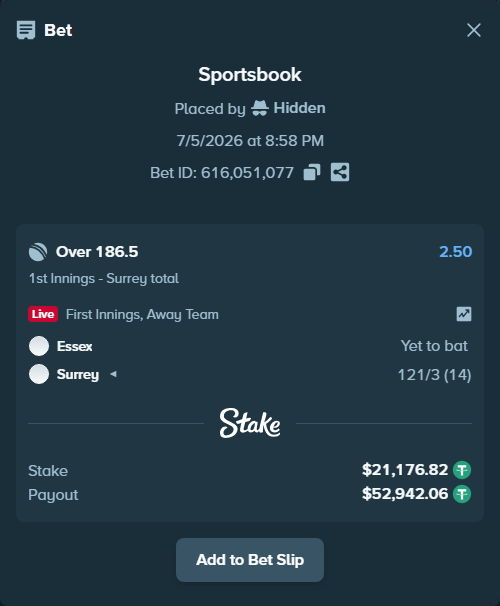 Bet slip: Essex - Surrey, $21,198.00 stake at 2.50 odds, placed by Hidden