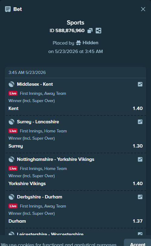 Bet slip: Essex - Sussex, $10,000.20 stake at 1.65 odds, placed by Hidden
