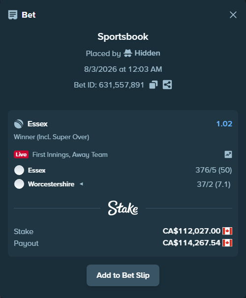 Bet slip: Essex - Worcestershire, $82,899.98 stake at 1.02 odds, placed by Hidden