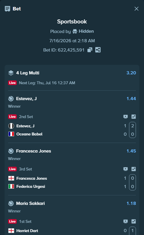 Bet slip: Estevez, J - Oceane Babel, $10,000.00 stake at 1.44 odds, placed by Hidden