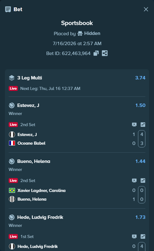 Bet slip: Estevez, J - Oceane Babel, $10,000.00 stake at 1.50 odds, placed by Hidden