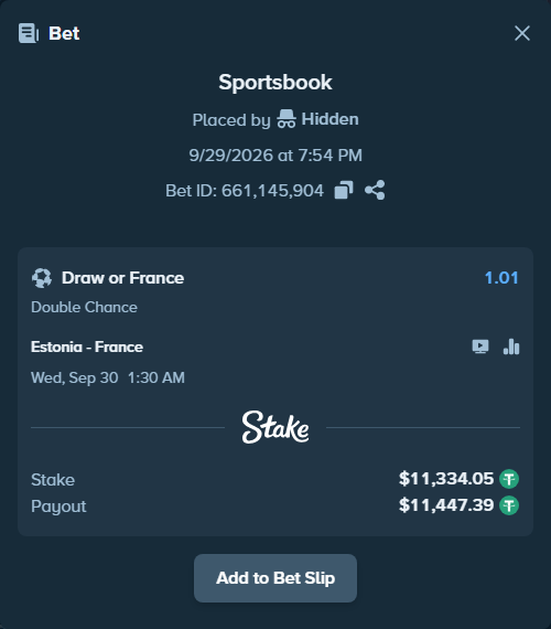 Bet slip: Estonia - France, $11,334.05 stake at 1.01 odds, placed by zivulo88
