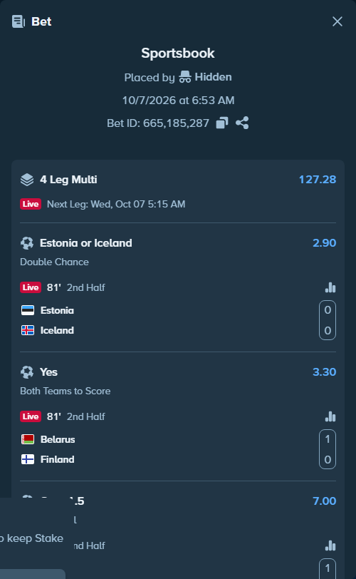 Bet slip: Estonia - Iceland, $15,000.00 stake at 2.90 odds, placed by Hidden