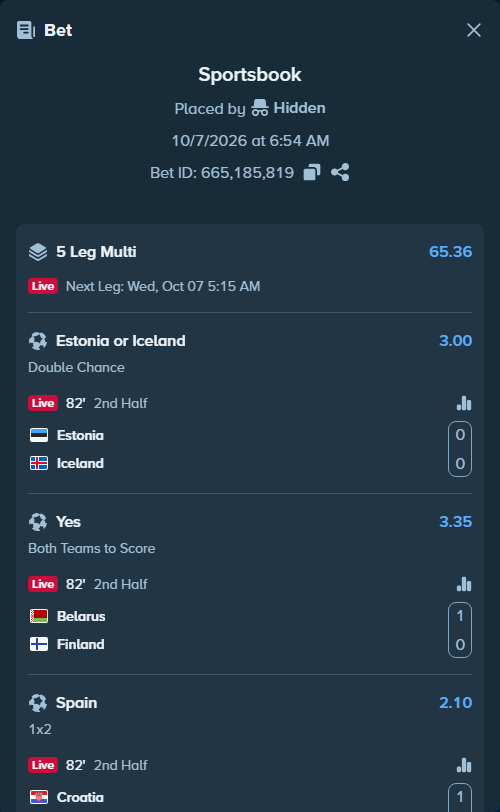 Bet slip: Estonia - Iceland, $20,000.00 stake at 3.00 odds, placed by Hidden