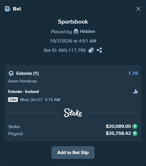 Bet slip: Estonia - Iceland, $20,089.00 stake at 1.78 odds, placed by Gulmut12