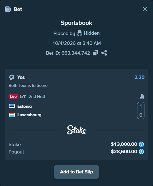 Bet slip: Estonia - Luxembourg, $13,000.00 stake at 2.20 odds, placed by Hidden