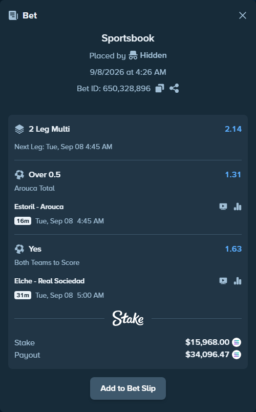 Bet slip: Estoril - Arouca, $15,999.88 stake at 1.31 odds, placed by Hidden