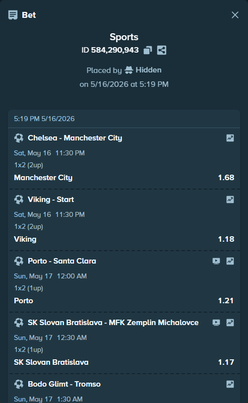 Bet slip: Estoril - Benfica, $10,000.00 stake at 1.28 odds, placed by Hidden