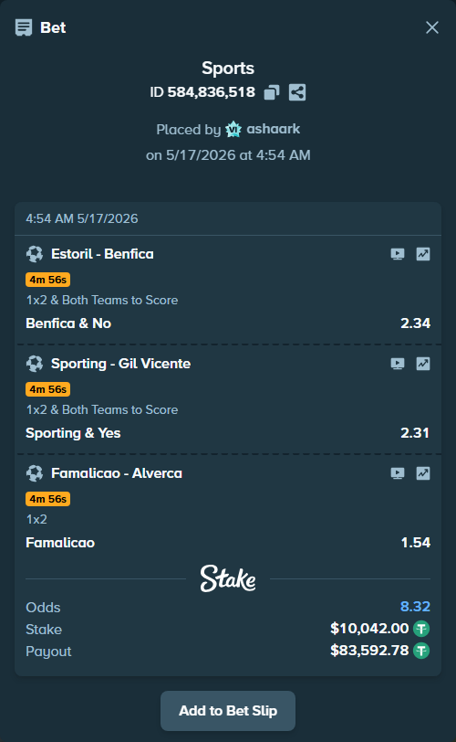 Bet slip: Estoril - Benfica, $10,042.00 stake at 2.34 odds, placed by ashaark