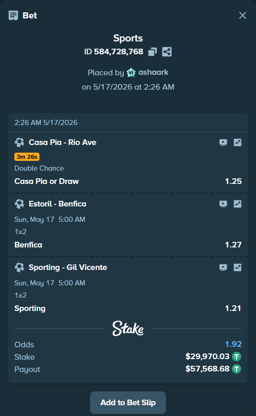 Bet slip: Estoril - Benfica, $30,000.00 stake at 1.27 odds, placed by ashaark
