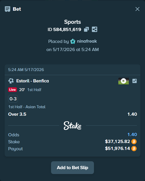 Bet slip: Estoril - Benfica, $30,454.67 stake at 1.40 odds, placed by ninafreak