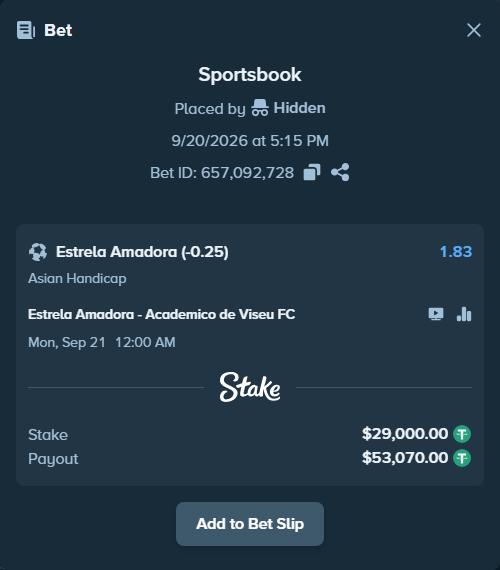 Bet slip: Estrela Amadora - Academico de Viseu FC, $29,000.00 stake at 1.83 odds, placed by Hidden