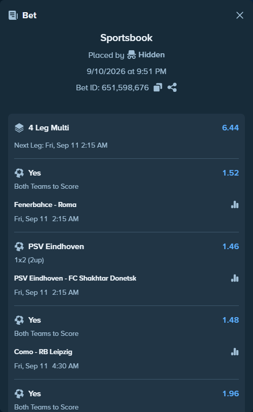 Bet slip: Estrela Amadora - Braga, $10,055.00 stake at 1.96 odds, placed by Hidden