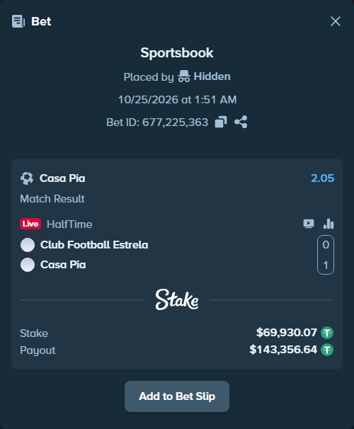 Bet slip: Estrela Amadora - Casa Pia, $70,000.00 stake at 2.05 odds, placed by BetlikeaKing