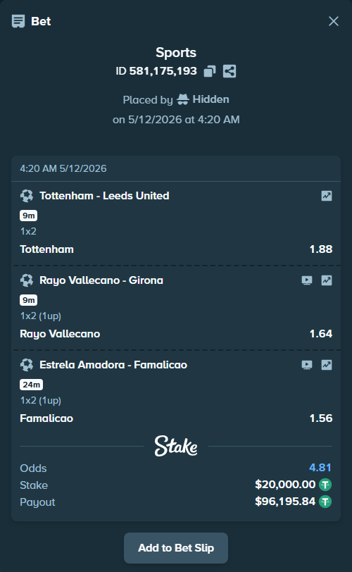 Bet slip: Estrela Amadora - Famalicao, $20,000.00 stake at 1.56 odds, placed by Hidden