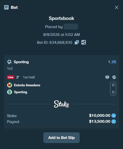 Bet slip: Estrela Amadora - Sporting, $10,000.00 stake at 1.35 odds, placed by Duretil05