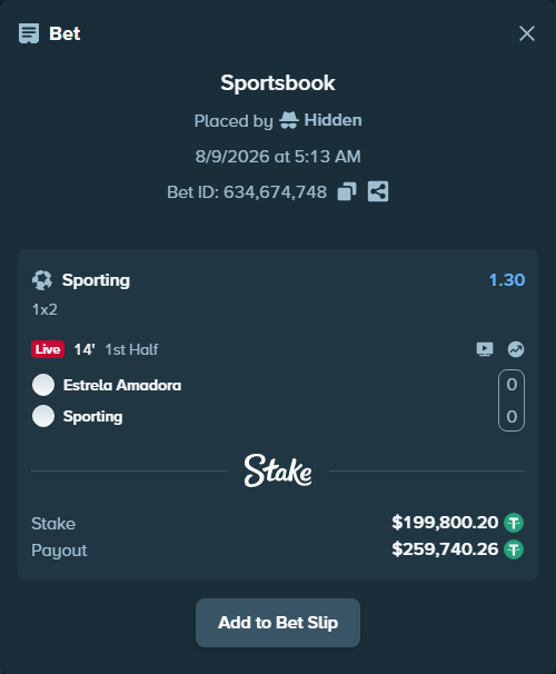 Bet slip: Estrela Amadora - Sporting, $200,000.00 stake at 1.30 odds, placed by Hidden