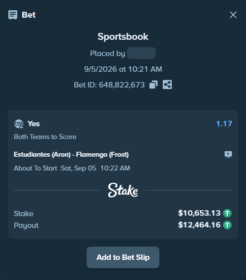 Bet slip: Estudiantes (Aron) - Flamengo (Frost), $10,651.00 stake at 1.17 odds, placed by Josecarmelo