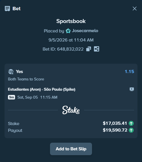 Bet slip: Estudiantes (Aron) - São Paulo (Spike), $17,032.00 stake at 1.15 odds, placed by Josecarmelo