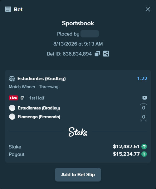 Bet slip: Estudiantes (Bradley) - Flamengo (Fernando), $12,500.00 stake at 1.22 odds, placed by Josecarmelo