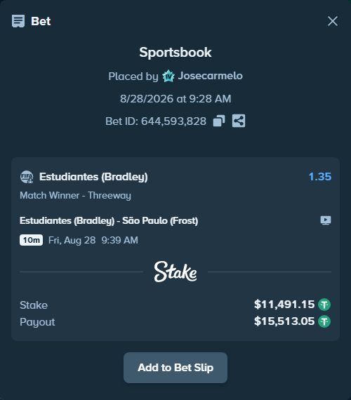 Bet slip: Estudiantes (Bradley) - São Paulo (Frost), $11,490.00 stake at 1.35 odds, placed by Josecarmelo