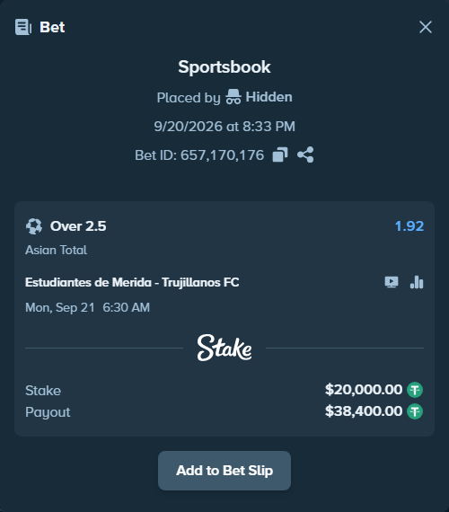 Bet slip: Estudiantes de Merida - Trujillanos FC, $20,000.00 stake at 1.92 odds, placed by Hidden