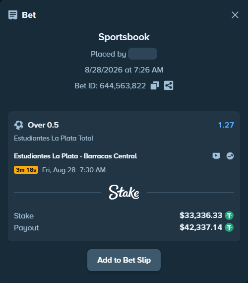 Bet slip: Estudiantes La Plata - CA Barracas Central, $33,333.00 stake at 1.27 odds, placed by SH7N28