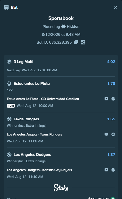 Bet slip: Estudiantes La Plata - CD Universidad Catolica, $16,800.00 stake at 1.78 odds, placed by Hidden