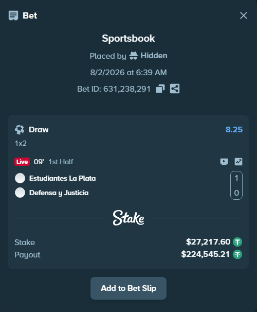 Bet slip: Estudiantes La Plata - Defensa y Justicia, $27,244.82 stake at 8.25 odds, placed by Hidden