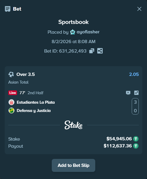 Bet slip: Estudiantes La Plata - Defensa y Justicia, $55,000.00 stake at 2.05 odds, placed by ayoflasher