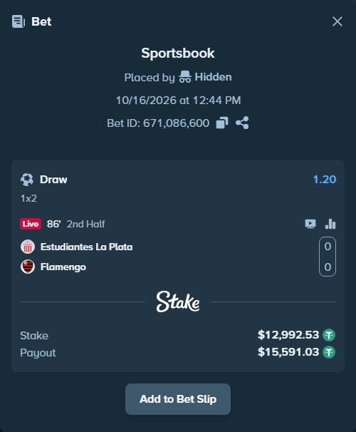 Bet slip: Estudiantes La Plata - Flamengo, $13,005.52 stake at 1.20 odds, placed by Rodrigom04