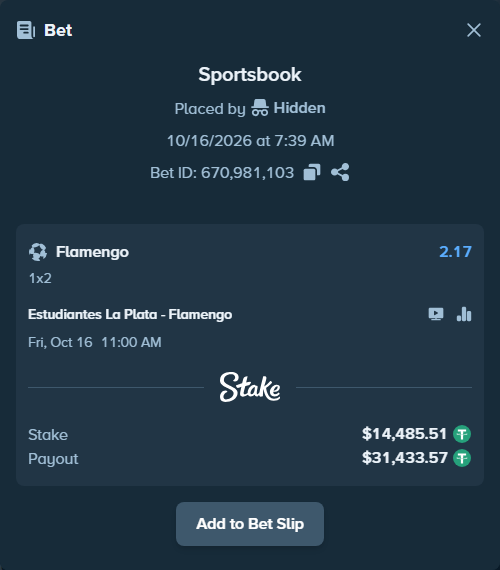 Bet slip: Estudiantes La Plata - Flamengo, $14,500.00 stake at 2.17 odds, placed by Hidden