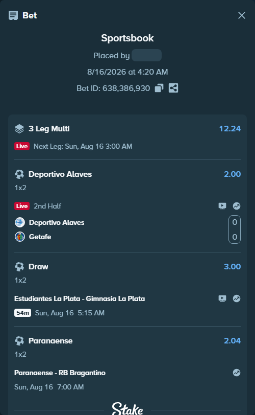 Bet slip: Estudiantes La Plata - Gimnasia La Plata, $150,000.00 stake at 3.00 odds, placed by kabic555