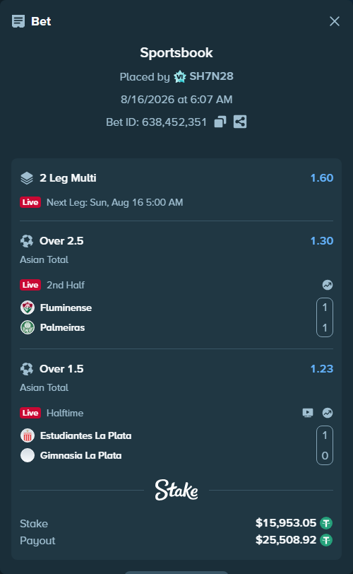 Bet slip: Estudiantes La Plata - Gimnasia La Plata, $15,969.00 stake at 1.23 odds, placed by SH7N28