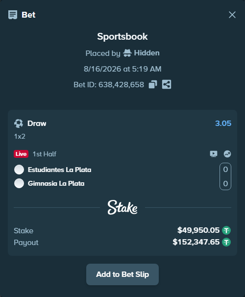 Bet slip: Estudiantes La Plata - Gimnasia La Plata, $50,000.00 stake at 3.05 odds, placed by Hidden
