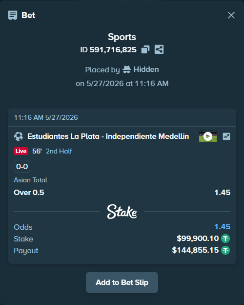 Bet slip: Estudiantes La Plata - Independiente Medellin, $100,000.00 stake at 1.45 odds, placed by Hidden