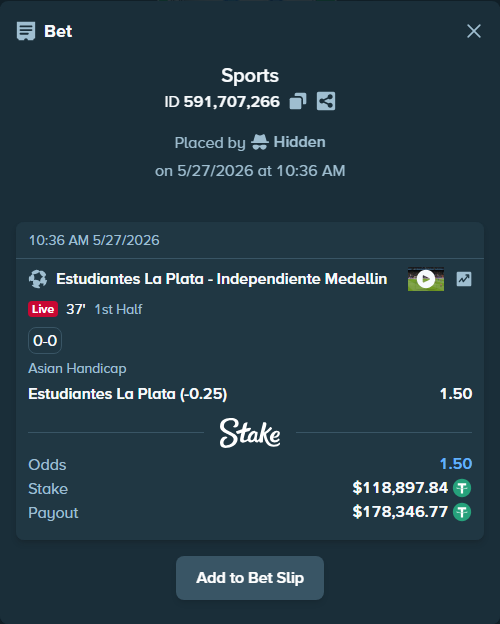 Bet slip: Estudiantes La Plata - Independiente Medellin, $119,016.74 stake at 1.50 odds, placed by Hidden
