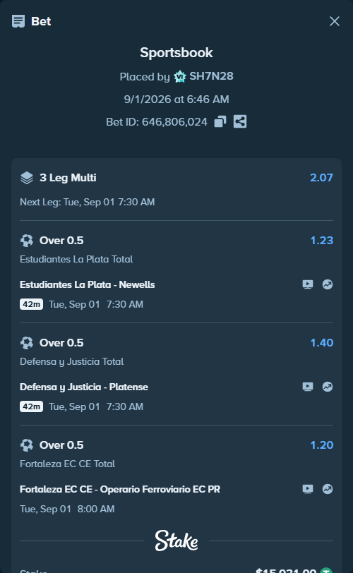 Bet slip: Estudiantes La Plata - Newells, $15,031.00 stake at 1.23 odds, placed by SH7N28