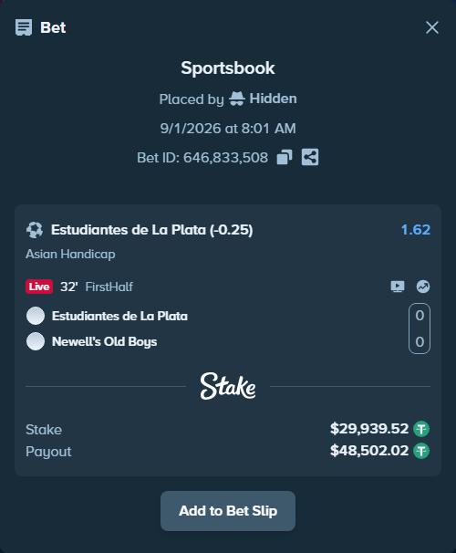 Bet slip: Estudiantes La Plata - Newells, $29,939.52 stake at 1.62 odds, placed by Hidden