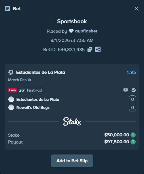 Bet slip: Estudiantes La Plata - Newells, $50,000.00 stake at 1.95 odds, placed by ayoflasher