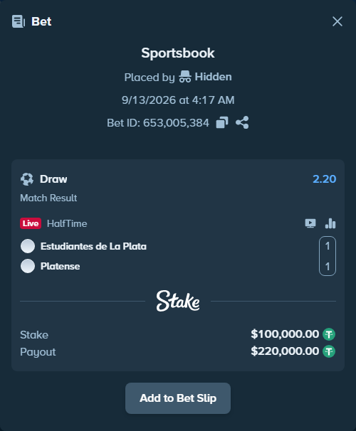 Bet slip: Estudiantes La Plata - Platense, $100,000.00 stake at 2.20 odds, placed by Hidden