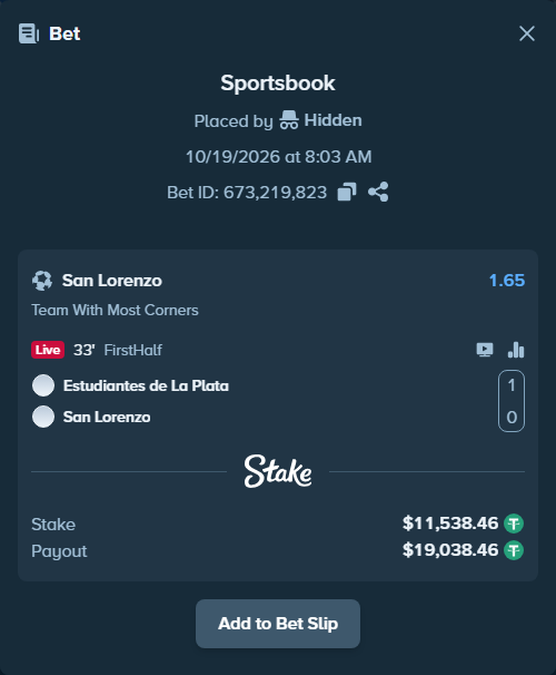 Bet slip: Estudiantes La Plata - San Lorenzo, $11,550.00 stake at 1.65 odds, placed by Hidden