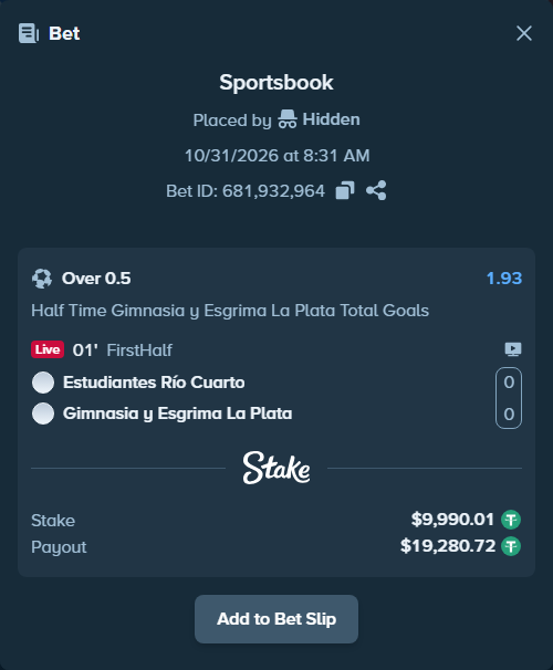 Bet slip: Estudiantes Rio Cuarto - Gimnasia La Plata, $10,000.00 stake at 1.93 odds, placed by Reyes32