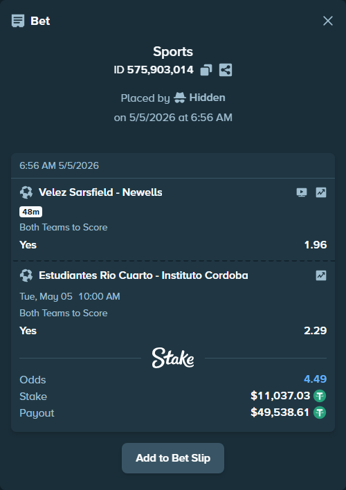 Bet slip: Estudiantes Rio Cuarto - Instituto Cordoba, $11,037.03 stake at 2.29 odds, placed by Hidden